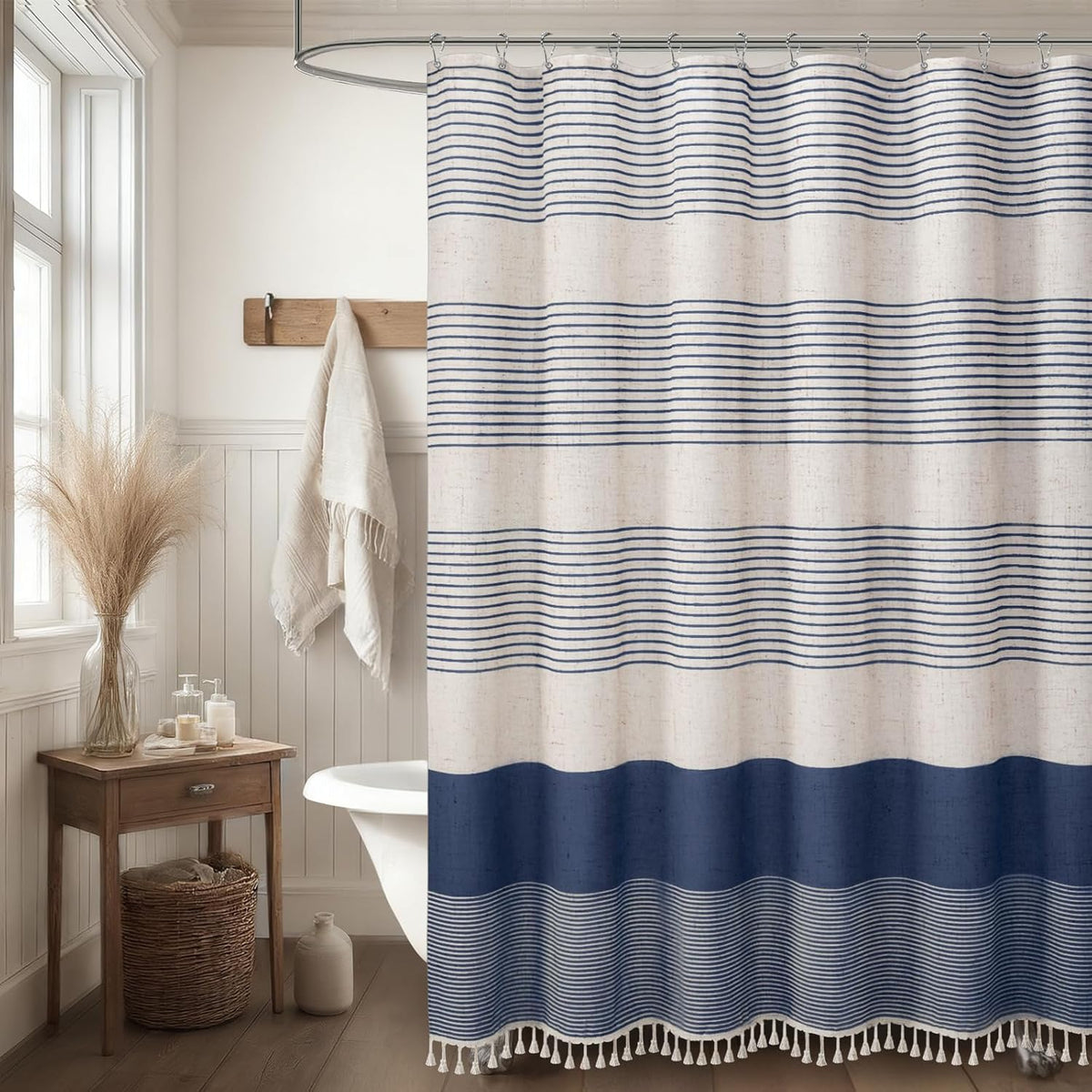 Navy Blue Coastal Ocean Linen Striped Shower Curtain with Tassel 72W X 72L