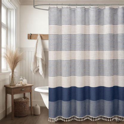 Navy Blue Coastal Ocean Linen Striped Shower Curtain with Tassel 72W X 72L