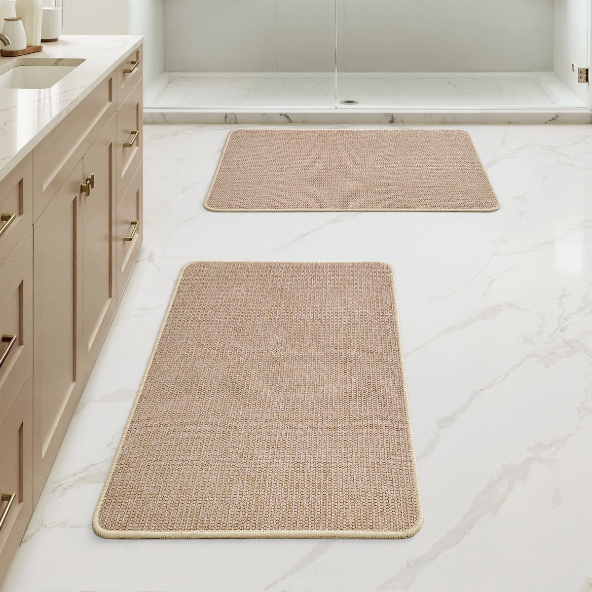 MIULEE Bathroom Rugs Set 2 Pieces, Thin Bath Mats Beige 17"x27"+20"x32"