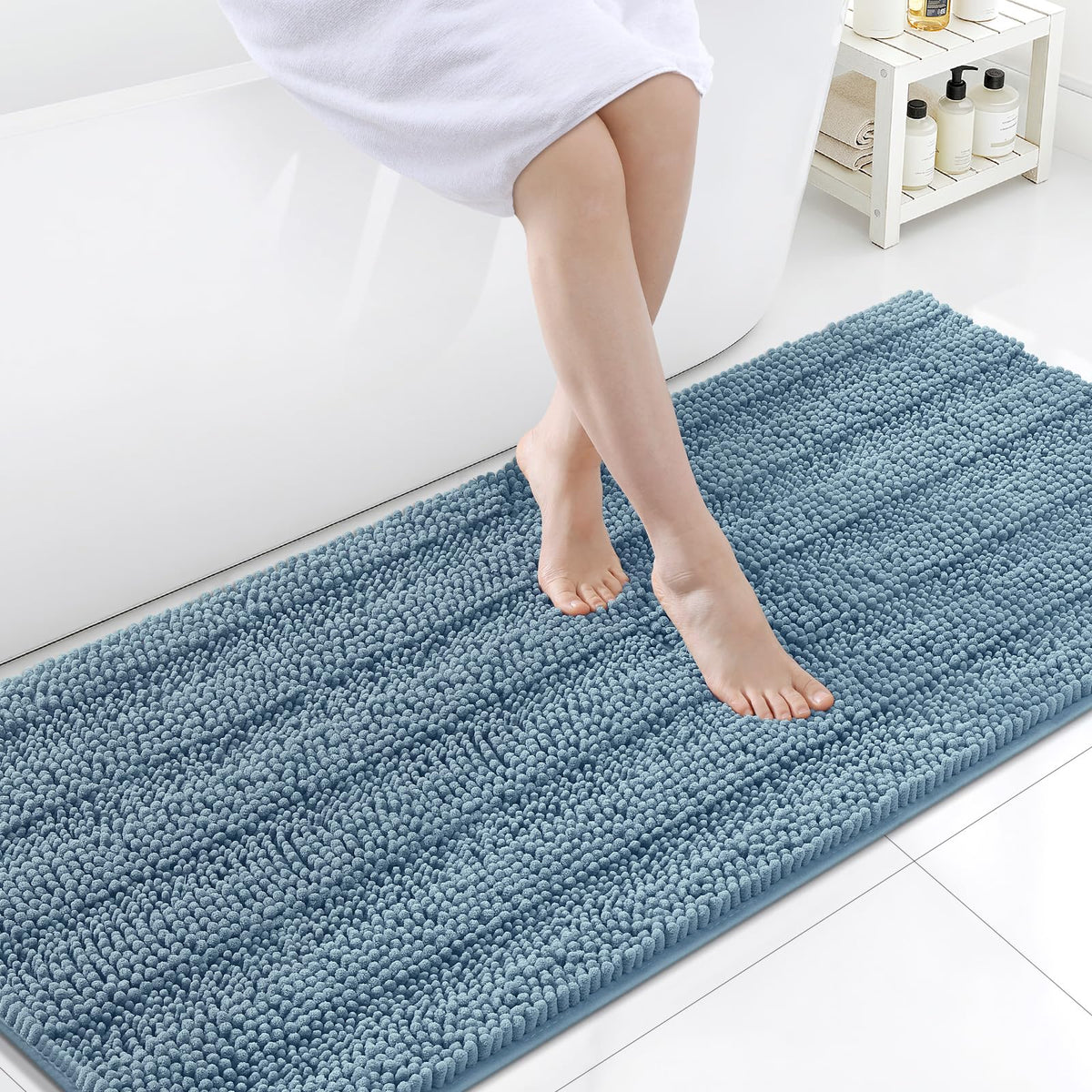 Grandaily Chenille Striped Bathroom Rugs 36x24, Extra Thick and Absorbent Bath Mats, Non-Slip Soft Plush Shaggy Shower Carpet, Machine Wash Dry, Bath Rug for Bathroom, (Large, Light Grey)