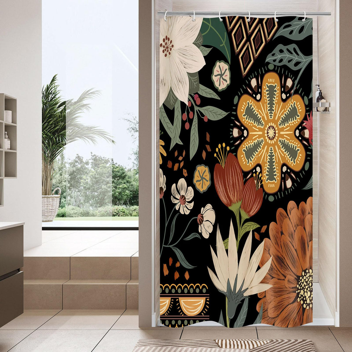 Boho Floral Shower Curtain, Vintage Botanical Fabric Curtain, 72 x 72
