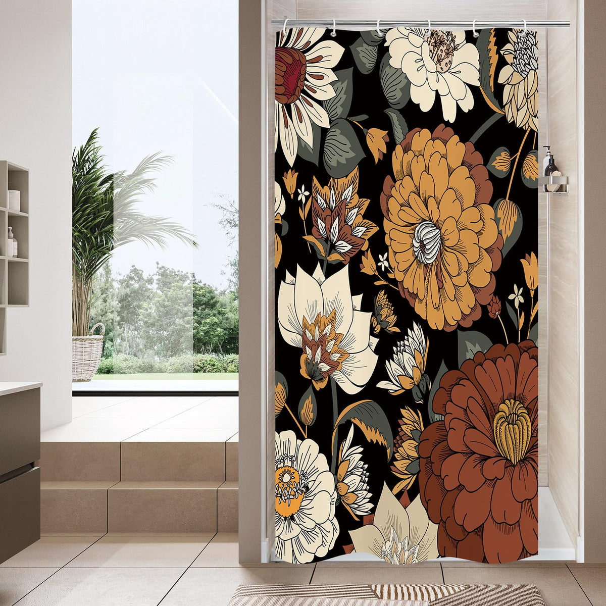 Boho Floral Shower Curtain, Vintage Botanical Fabric Curtain, 72 x 72