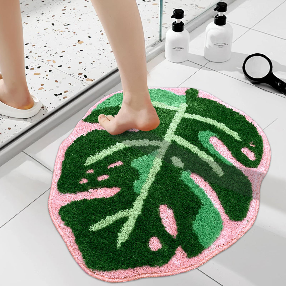 Large Monstera Bath Mat 31.5"X25",Cute Leaf Bathroom Rug,Non Slip Bath Mat