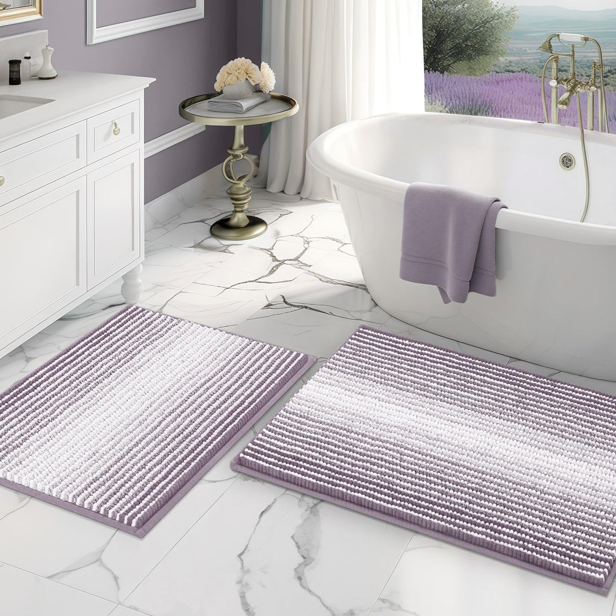 BSICPRO Bathroom Rugs Sets 2 Piece, Non Slip Striped Bath Mats, Fog Blue