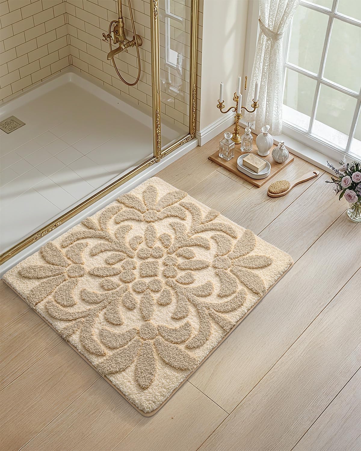 DEXI Floral Bathroom Rugs Non Slip Washable, Square Bath Mat 24x24, Beige