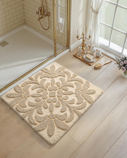 DEXI Floral Bathroom Rugs Non Slip Washable, Square Bath Mat 24x24, Beige