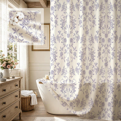 MitoVilla Vintage Farmhouse Blue Floral Poly-Cotton Shower Curtain, 72x72