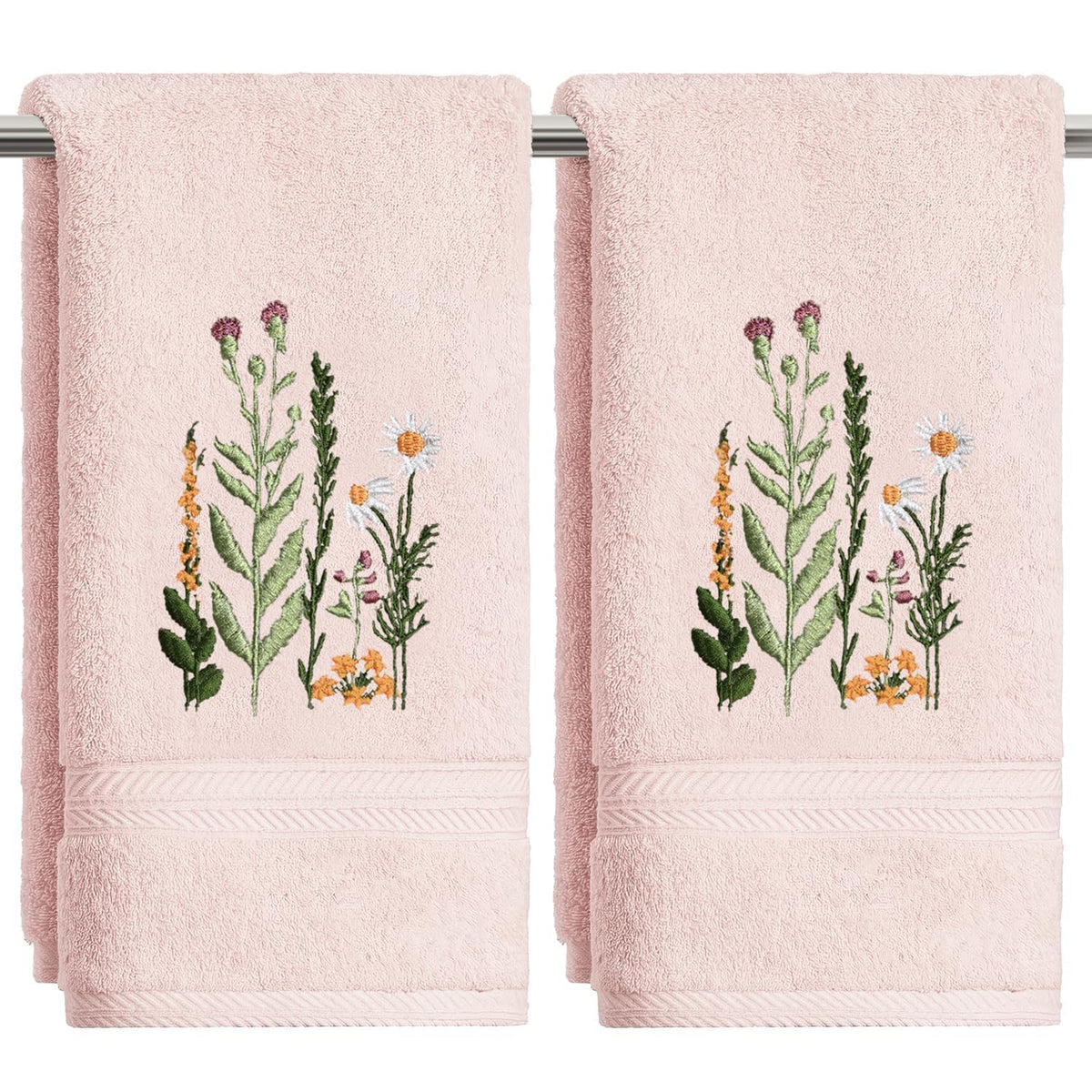 Artoid Mode 2 Pcs Beige Wildflower Floral Embroidered Hand Towels for Bathroom, 100% Cotton Soft Absorbent Farmhouse Decor Towels, 13.7 x 29.5 Inch