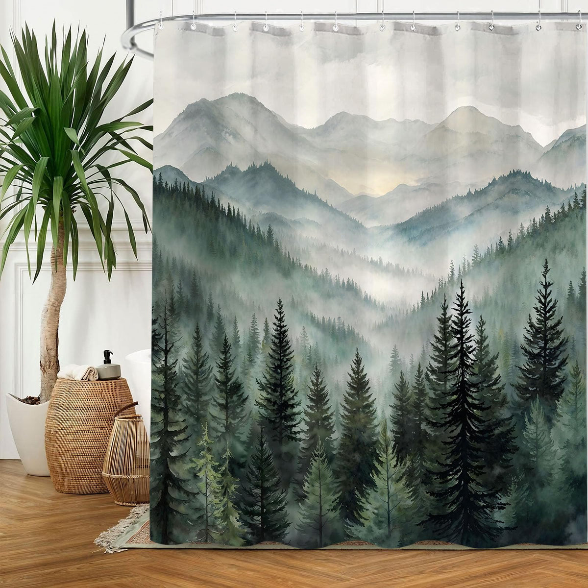 Accnicc Forest Mountain Shower Curtain Dark Green Nature Misty Pine Tree Shower Curtains for Bathroom Foggy Rustic Woodland Decorative Waterproof Fabric Bath Curtain Decor 72×72 Inches