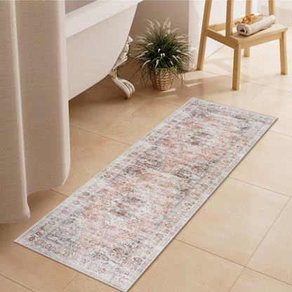 Uphome Boho Small Bath Mat, Distressed Farmhouse Light Khaki Bath Rugs, Comfy Velvet Bathroom Rugs Non Slip Washable, Vintage Oriental Toilet Rug for Sink Shower Vanity, 18x26 inch