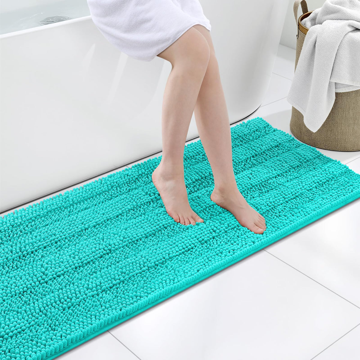 Grandaily Chenille Striped Bathroom Rugs 36x24, Extra Thick and Absorbent Bath Mats, Non-Slip Soft Plush Shaggy Shower Carpet, Machine Wash Dry, Bath Rug for Bathroom, (Large, Light Grey)