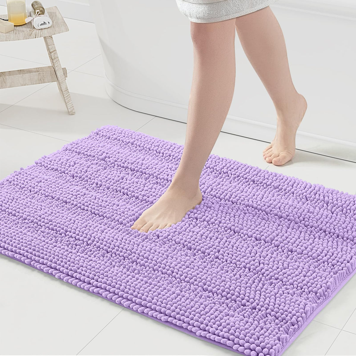 Grandaily Chenille Striped Bathroom Rugs 36x24, Extra Thick and Absorbent Bath Mats, Non-Slip Soft Plush Shaggy Shower Carpet, Machine Wash Dry, Bath Rug for Bathroom, (Large, Light Grey)