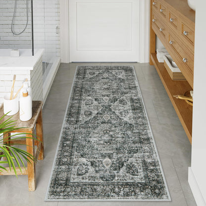 Uphome Boho Small Bath Mat, Distressed Farmhouse Light Khaki Bath Rugs, Comfy Velvet Bathroom Rugs Non Slip Washable, Vintage Oriental Toilet Rug for Sink Shower Vanity, 18x26 inch