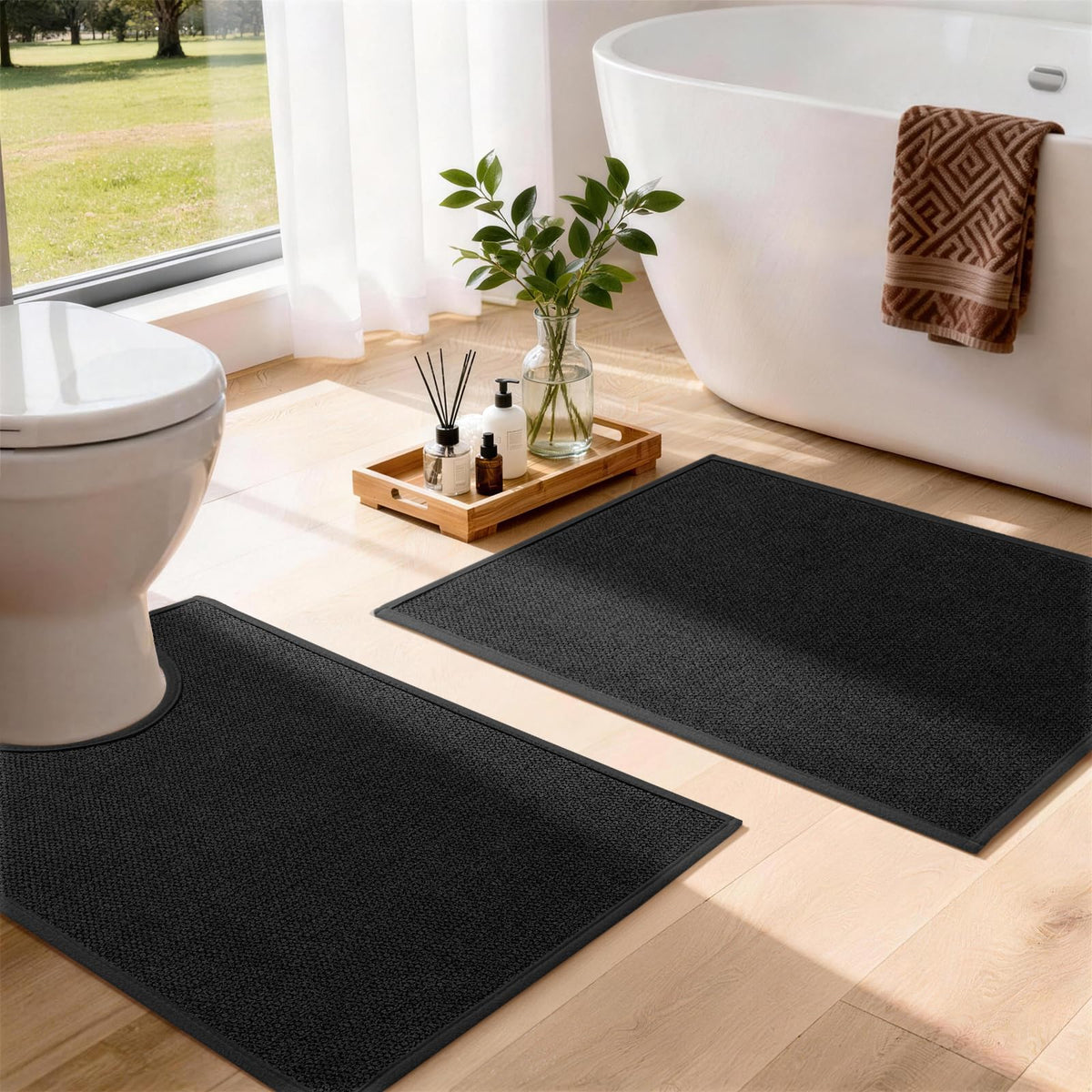 YIHOUSE Gray Bathroom Rugs Sets 3 Piece, Quick Dry Thin Bath Mat with Toilet Rug, Non Slip Absorbent Machine Washable, Bath Runner Rugs for Bathtub Sink Home Decor