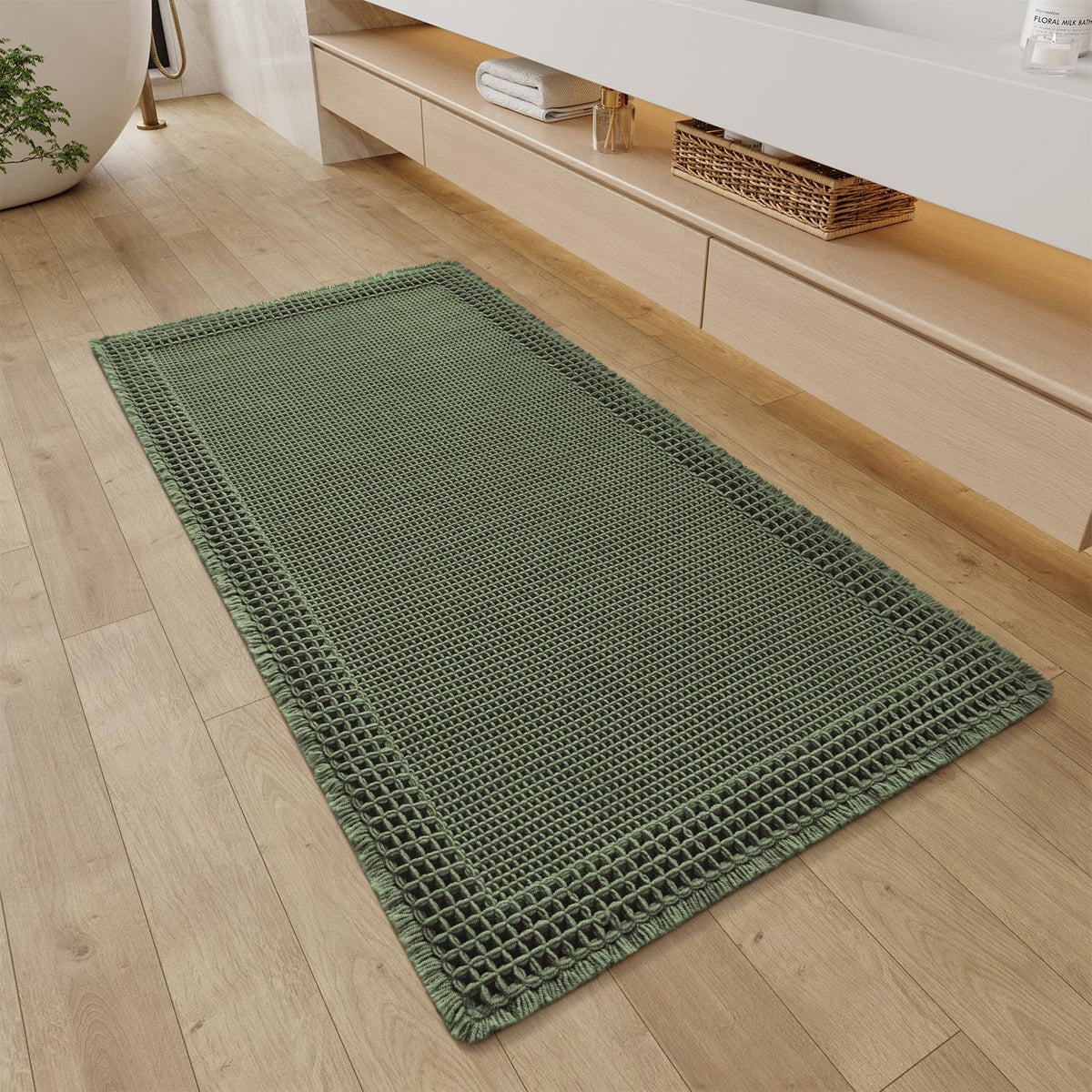 RESARE Waffle Bathroom Runner Rugs, Non Slip Boho Bath Mat 24"x72" Brown