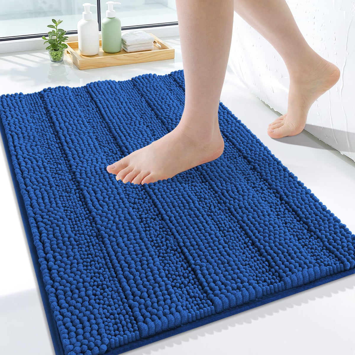 Grandaily Chenille Striped Bathroom Rugs 36x24, Extra Thick and Absorbent Bath Mats, Non-Slip Soft Plush Shaggy Shower Carpet, Machine Wash Dry, Bath Rug for Bathroom, (Large, Light Grey)