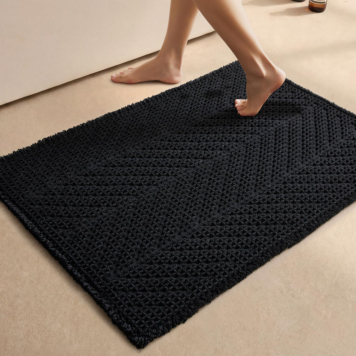 Sunfly Boho Bathroom Rug, Herringbone Waffle Bath Mat Non-Slip Washable Super Absorbent Quick Dry, Farmhouse Bath Mat for Bathroom Floor Decor 20"*30" Khaki
