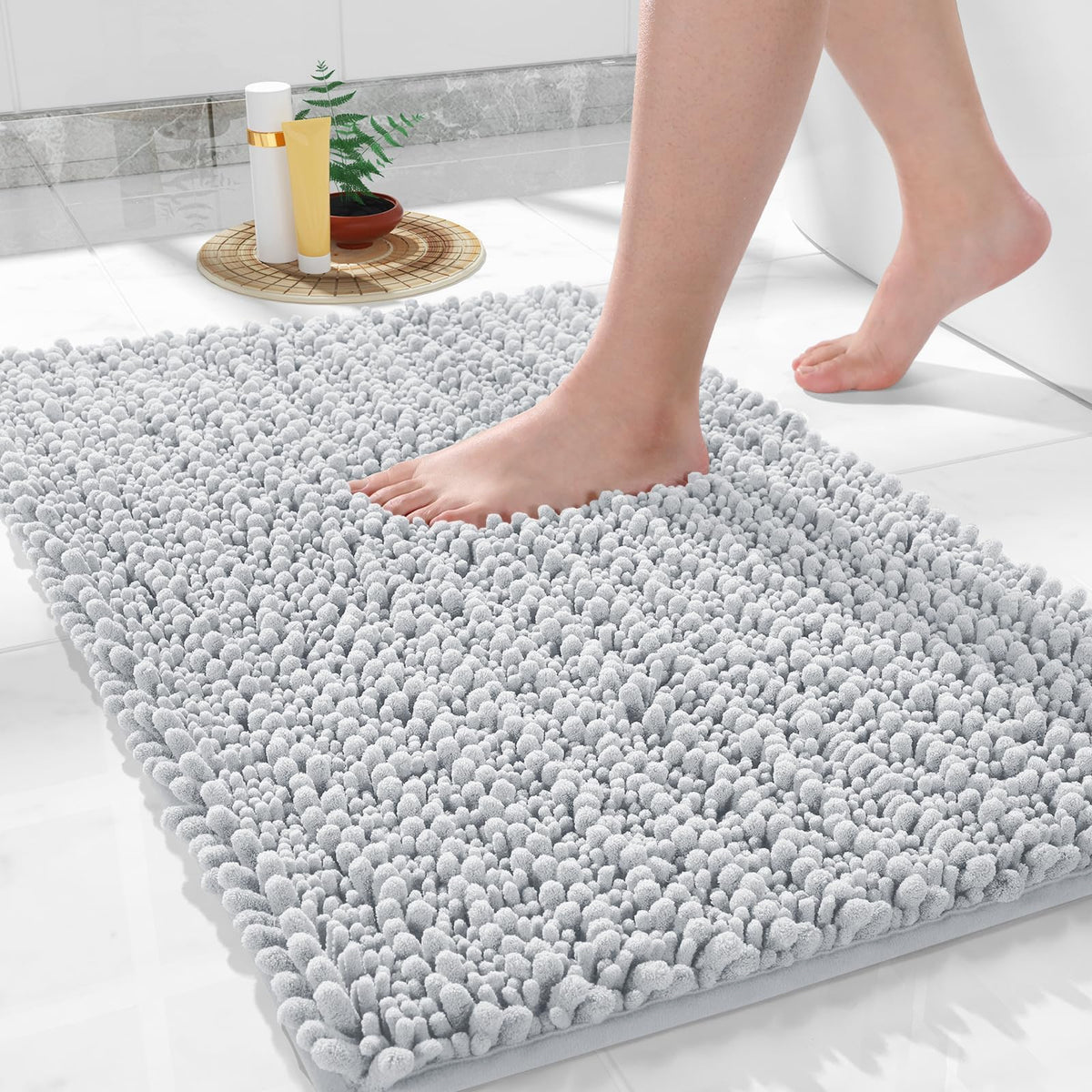 Yimobra Bathroom Rugs Non Slip Washable 32x20 Inch - Ultra Soft Absorbent Chenille Bath Mat, Quick Dry Shaggy Floor Carpet for Tub Shower, Gray Home Decor Accessories