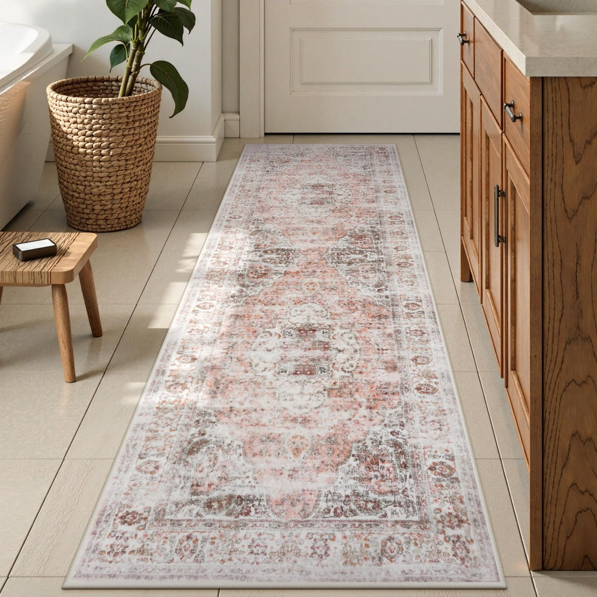 Uphome Boho Small Bath Mat, Distressed Farmhouse Light Khaki Bath Rugs, Comfy Velvet Bathroom Rugs Non Slip Washable, Vintage Oriental Toilet Rug for Sink Shower Vanity, 18x26 inch