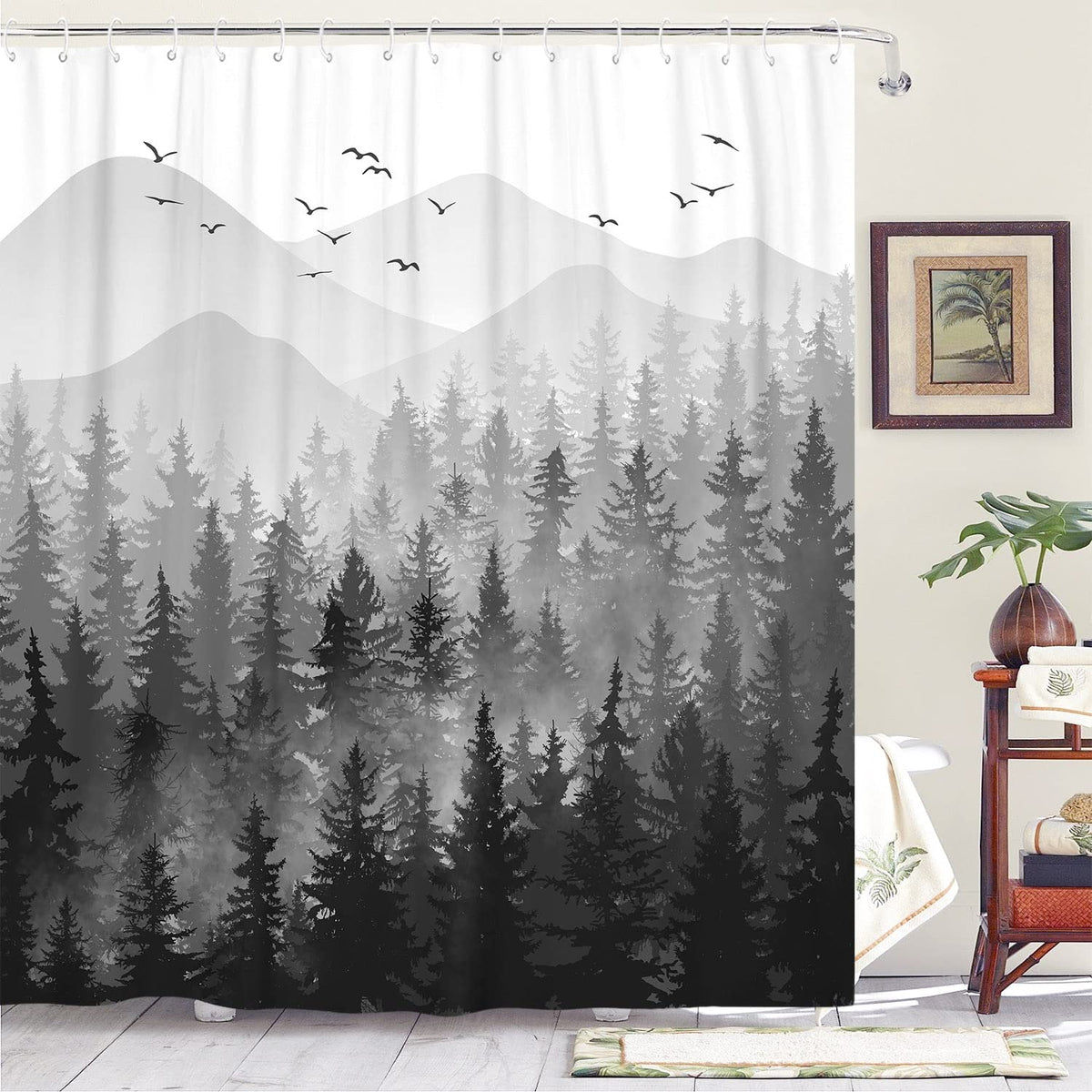 Accnicc Forest Mountain Shower Curtain Dark Green Nature Misty Pine Tree Shower Curtains for Bathroom Foggy Rustic Woodland Decorative Waterproof Fabric Bath Curtain Decor 72×72 Inches