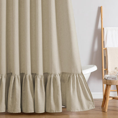 QiyI Boho Ruffle Shower Curtain, Linen Blend Fabric, Natural, 72 x 72