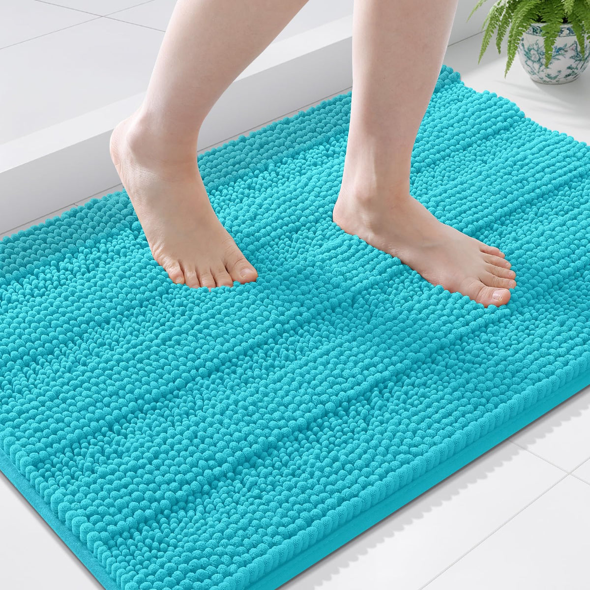 Grandaily Chenille Striped Bathroom Rugs 36x24, Extra Thick and Absorbent Bath Mats, Non-Slip Soft Plush Shaggy Shower Carpet, Machine Wash Dry, Bath Rug for Bathroom, (Large, Light Grey)