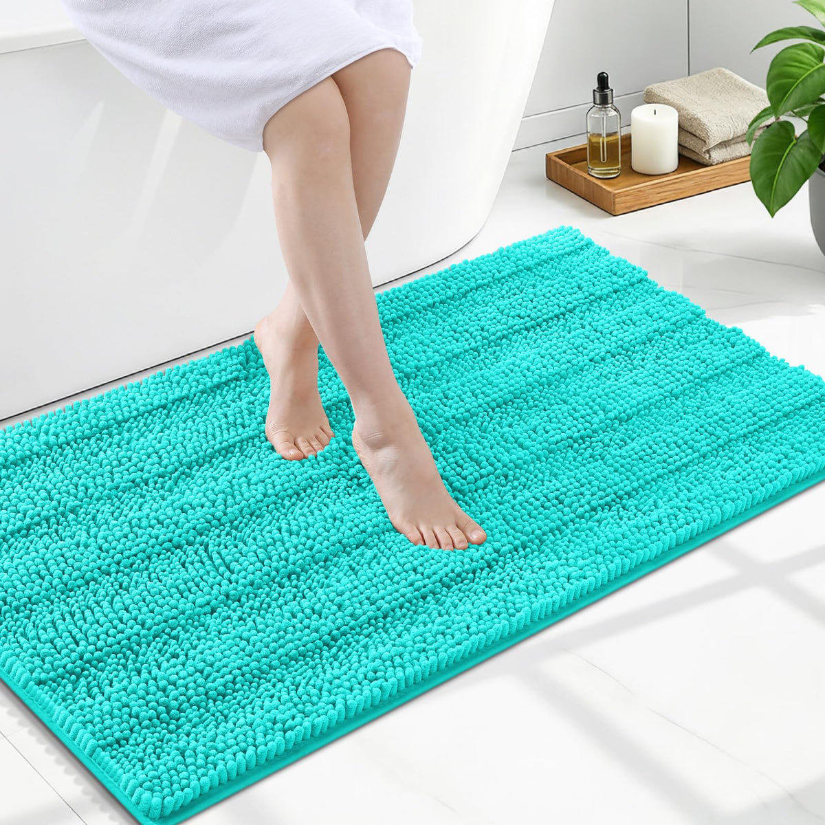 Grandaily Chenille Striped Bathroom Rugs 36x24, Extra Thick and Absorbent Bath Mats, Non-Slip Soft Plush Shaggy Shower Carpet, Machine Wash Dry, Bath Rug for Bathroom, (Large, Light Grey)