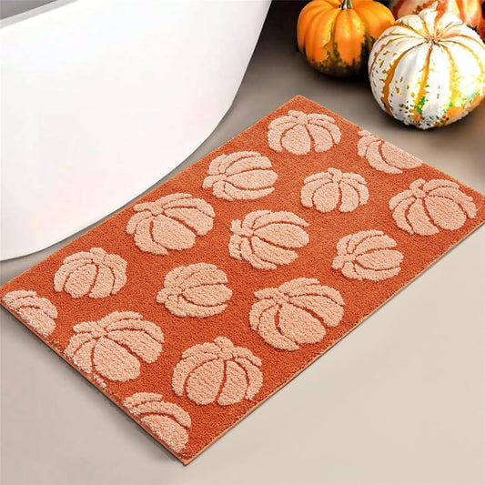 Burnt Orange Pumpkins Bath Mats Non Slip Washable, Microfiber Boho Cute Fall Autumn Bath Rug Absorbent, 16’’W x 24’’L Rustic Farmhouse Country Fall Bathroom Mat Aesthetic Decor