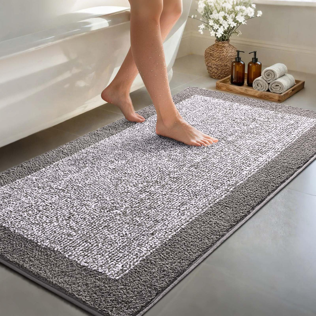 Long 2x4 Ft (48''x24'') Bathroom Rugs, Non Slip Washable Bath Mat Grey