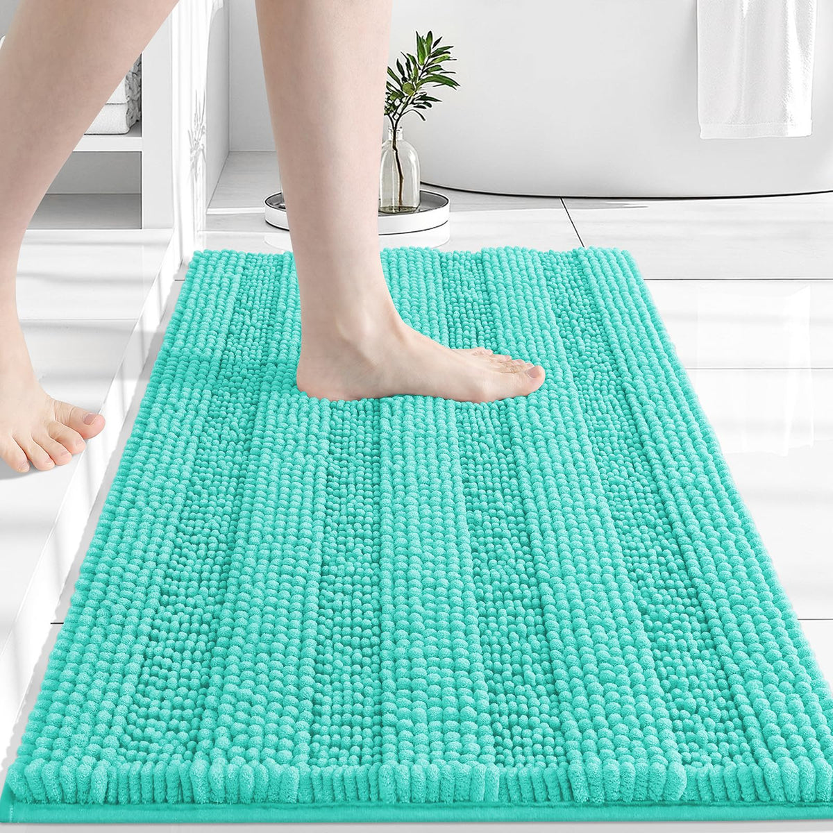 Grandaily Chenille Striped Bathroom Rugs 36x24, Extra Thick and Absorbent Bath Mats, Non-Slip Soft Plush Shaggy Shower Carpet, Machine Wash Dry, Bath Rug for Bathroom, (Large, Light Grey)
