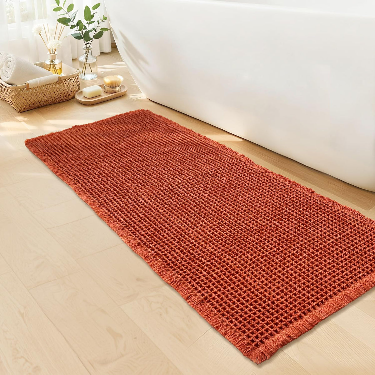 Waffle Bath Mat, Boho Bathroom Rugs Non Slip Washable, 18" x 30"
