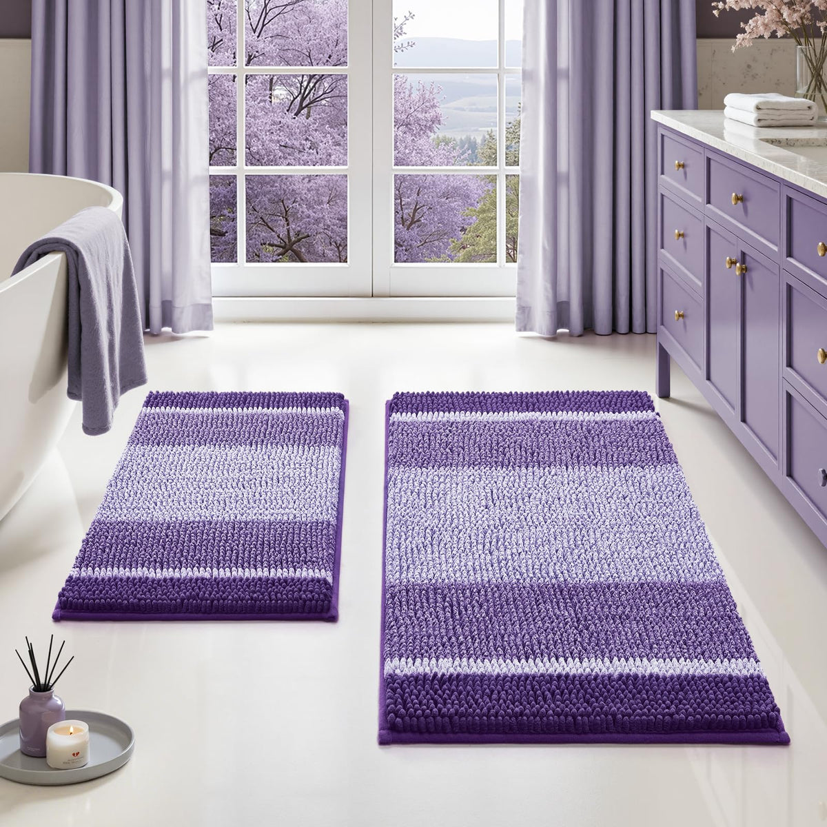 HOMEIDEAS Blue Bathroom Rugs Set, Striped Chenille, 20"x32"+17"x24"