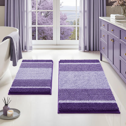 HOMEIDEAS Blue Bathroom Rugs Set, Striped Chenille, 20"x32"+17"x24"