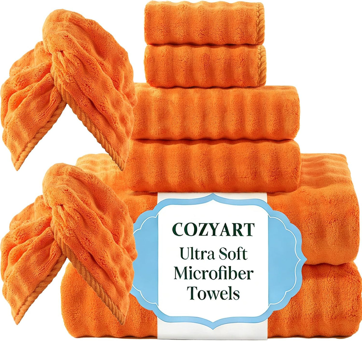 COZYART Lint Free 8 Pcs Bathroom Towels Set Ultra Soft Microfiber Orange