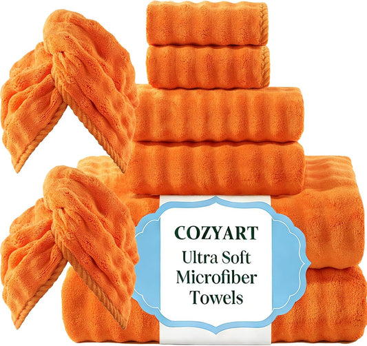 COZYART Lint Free 8 Pcs Bathroom Towels Set Ultra Soft Microfiber Orange