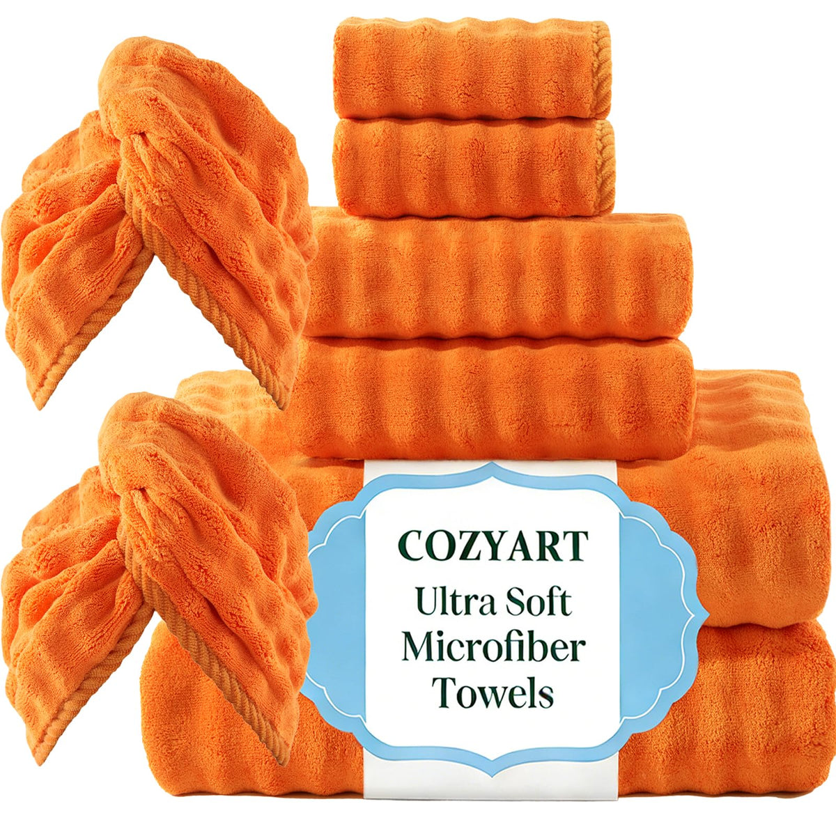 COZYART Lint Free 8 Pcs Bathroom Towels Set Ultra Soft Microfiber Orange