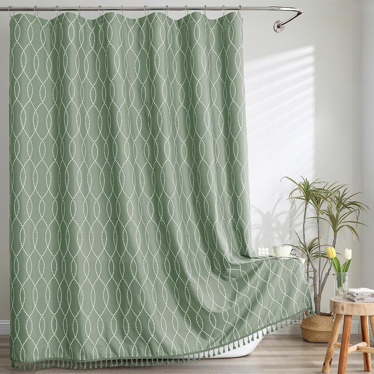 OVZME Sage Green Shower Curtain for Bathroom, Puff Printed Textured Shower Curtain with Tassels, Rustic Geometry Heavy Duty Vintage Country Bathroom Curtain, Water Resistant Fabric, 72Wx72L Inches