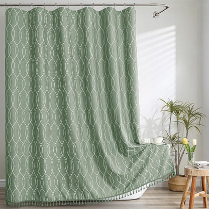 OVZME Sage Green Shower Curtain for Bathroom, Puff Printed Textured Shower Curtain with Tassels, Rustic Geometry Heavy Duty Vintage Country Bathroom Curtain, Water Resistant Fabric, 72Wx72L Inches