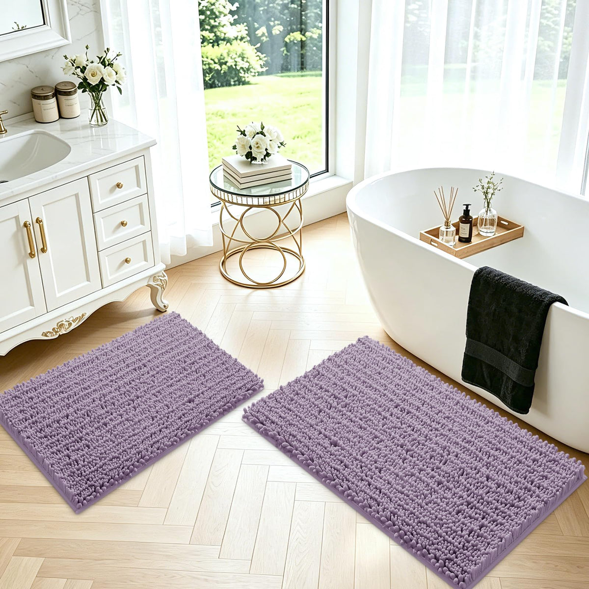 ACCUMTEK Upgrade Extra Large Black Bathroom Rug Set 3 Pieces Ultra Soft, Thick Absorbent Bath Mats, Non Slip Chenille Toilet Mat for Bathroom, Bedroom, Kitchen