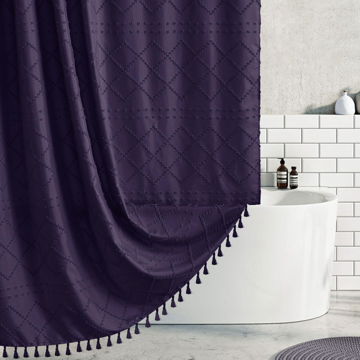 Siiluminisoy Navy Blue Shower Curtain Boho Shower Curtains Fabric, Tufted Chevron Textured Striped Modern Minimalist Cloth Shower Curtain for Bathroom, 72 x 72
