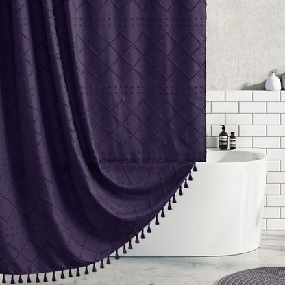 Siiluminisoy Navy Blue Shower Curtain Boho Shower Curtains Fabric, Tufted Chevron Textured Striped Modern Minimalist Cloth Shower Curtain for Bathroom, 72 x 72