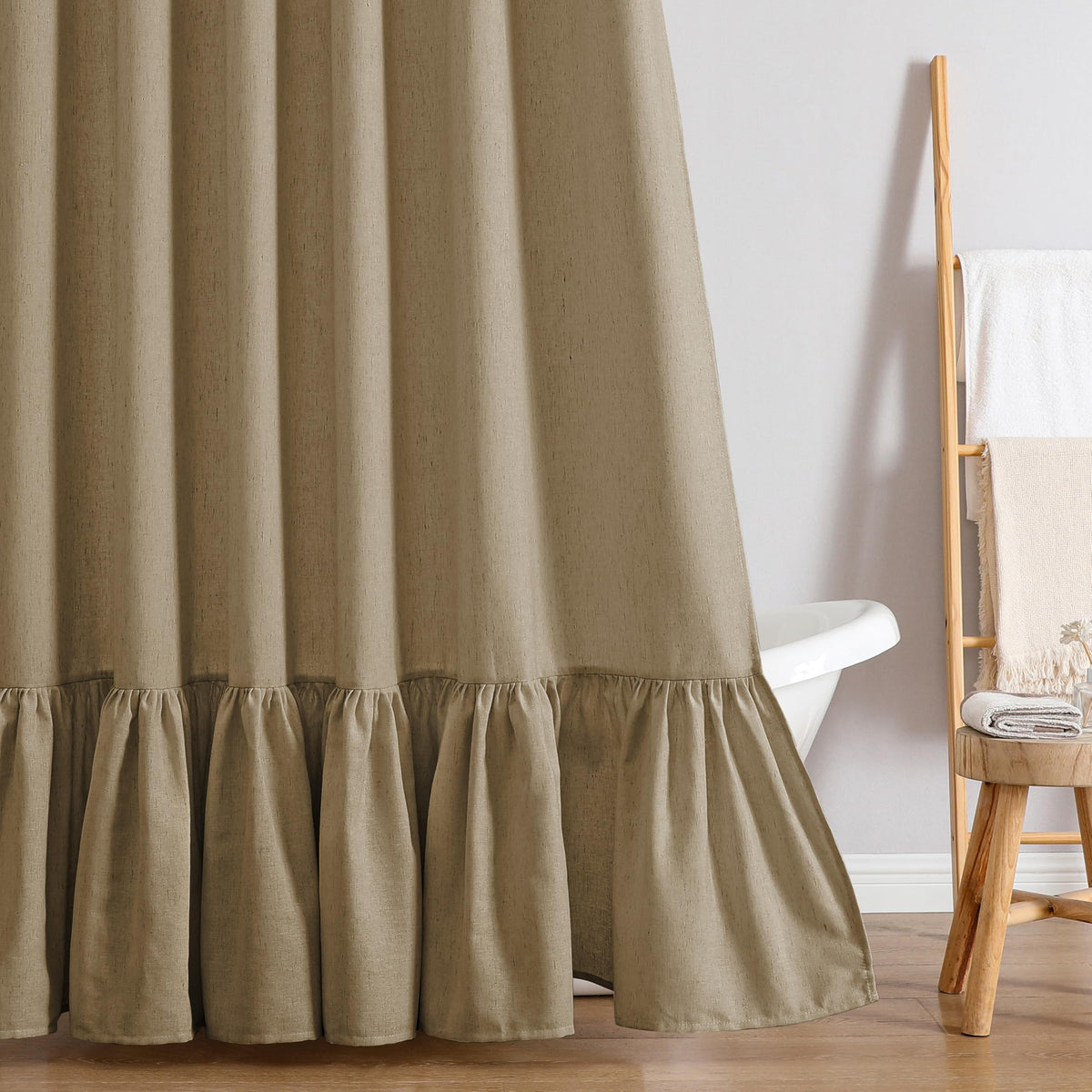 QiyI Boho Ruffle Shower Curtain, Linen Blend Fabric, Natural, 72 x 72
