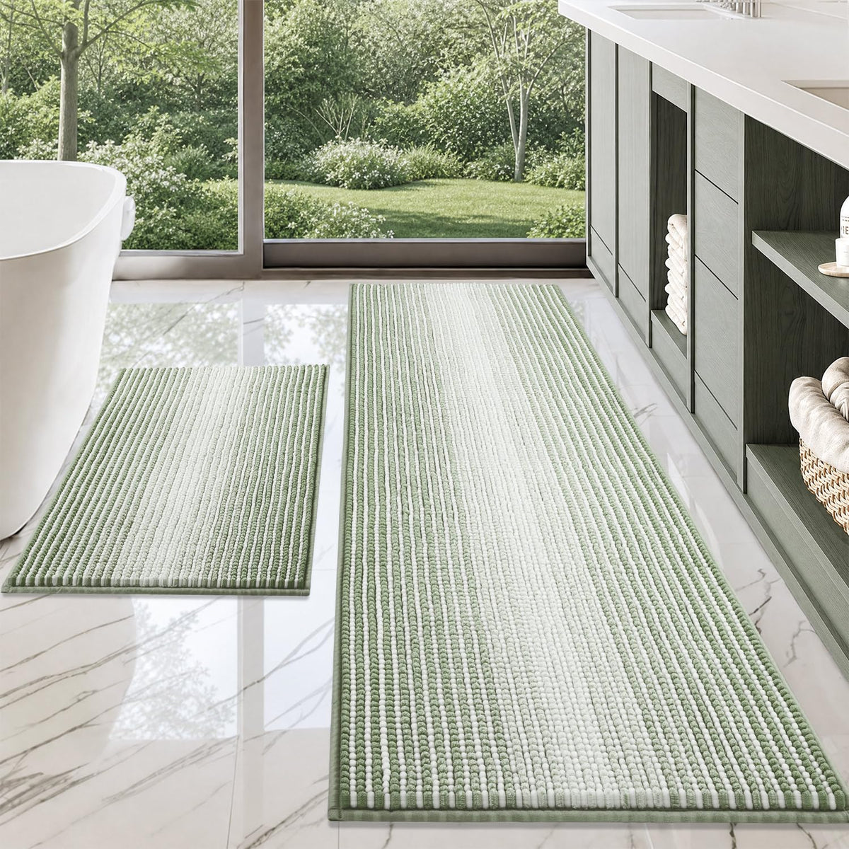 BSICPRO Bathroom Rugs Sets 2 Piece, Non Slip Striped Bath Mats, Fog Blue