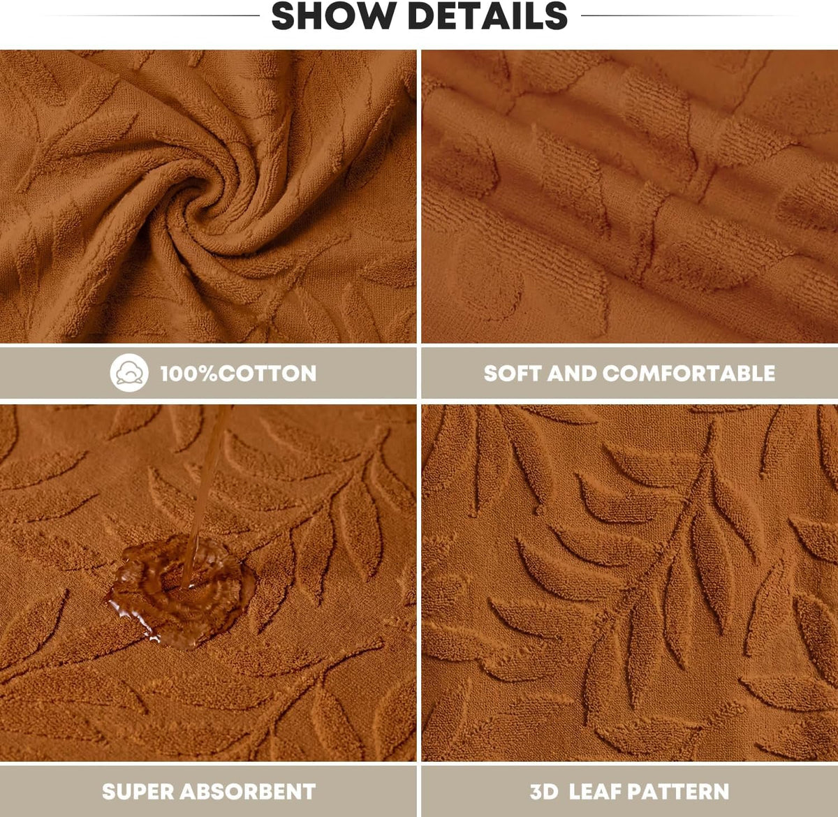 Artoid Mode 2 Pcs Caramel 3D Leaves Jacquard Hand Towels for Bathroom, 100% Cotton Soft Absorbent Bathroom Decor Towels, 13.7 x 29.5 Inch