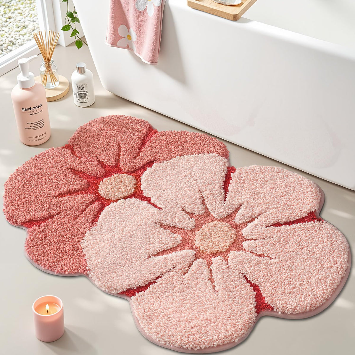 LUMI Flower Bathroom Rug, Absorbent Non Slip Bath Mat, 20"x32", Pink Flower