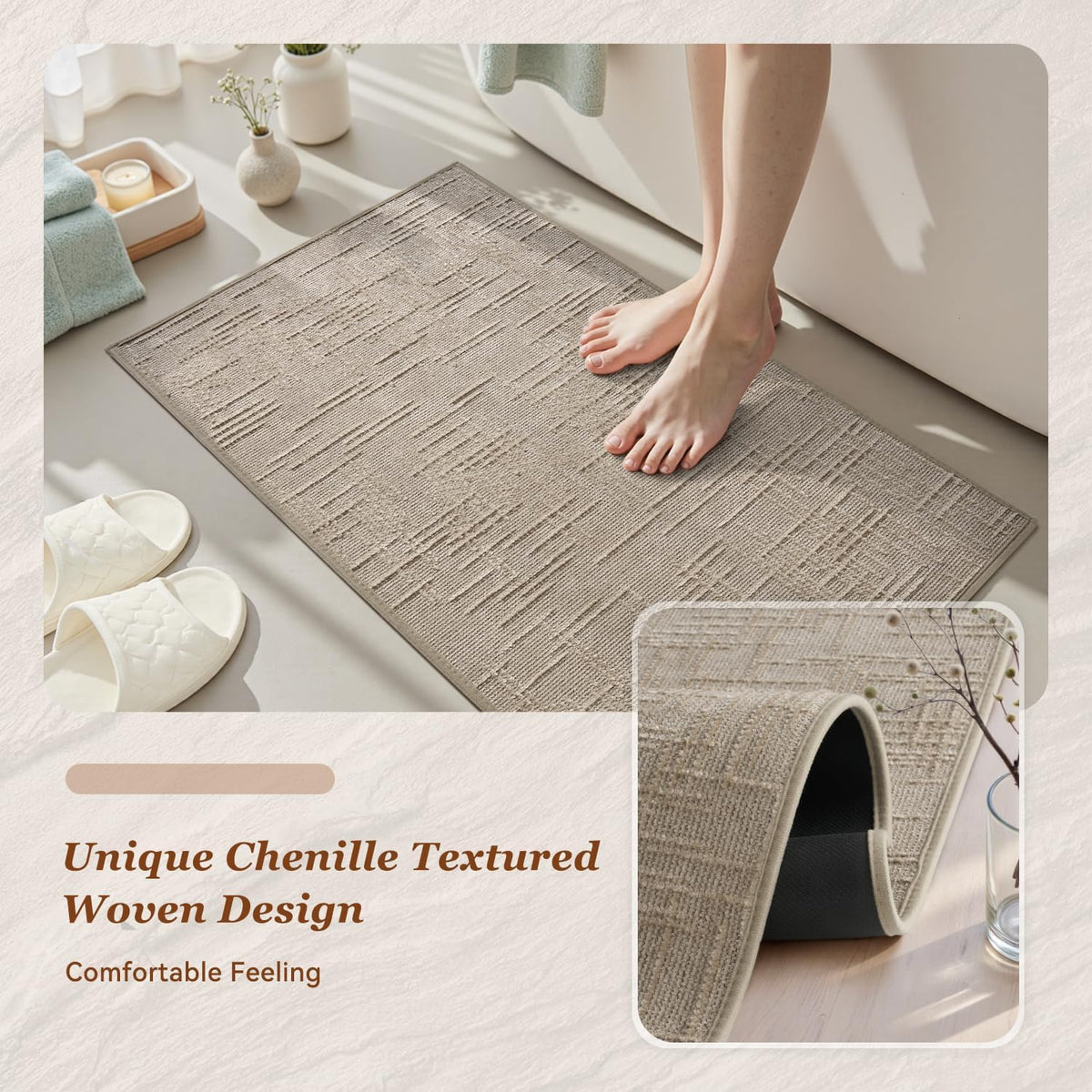 AMOAMI Bath Mat Non Slip Super Absorbent Quick Dry Bath Mats for Bathroom Floor Rubber Backing Washable Bathroom Rugs Modern Woven Jacquard Mat, Beside Tub Bath Rugs, 17" x 24", Brown