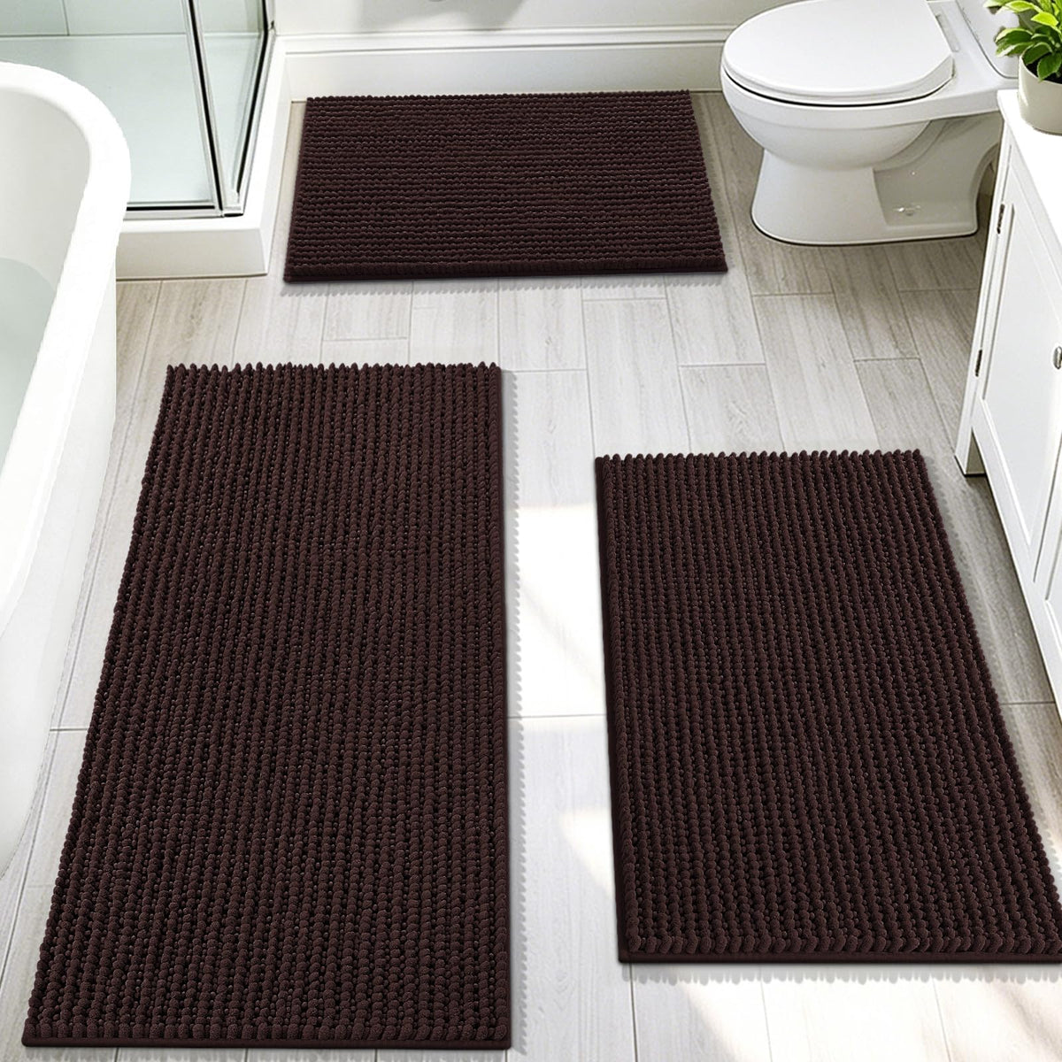 OLANLY Bathroom Rugs Sets 3 Piece, Super Soft Absorbent Chenille Bath Mats and U-Shaped Toilet Rug, Quick Dry, Home Decor, Bath Mat Set for Bathroom (24"x16"+24"x20"+30"x20", Grey)