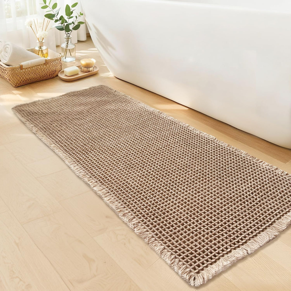 Waffle Bath Mat, Boho Bathroom Rugs Non Slip Washable, 18" x 30"