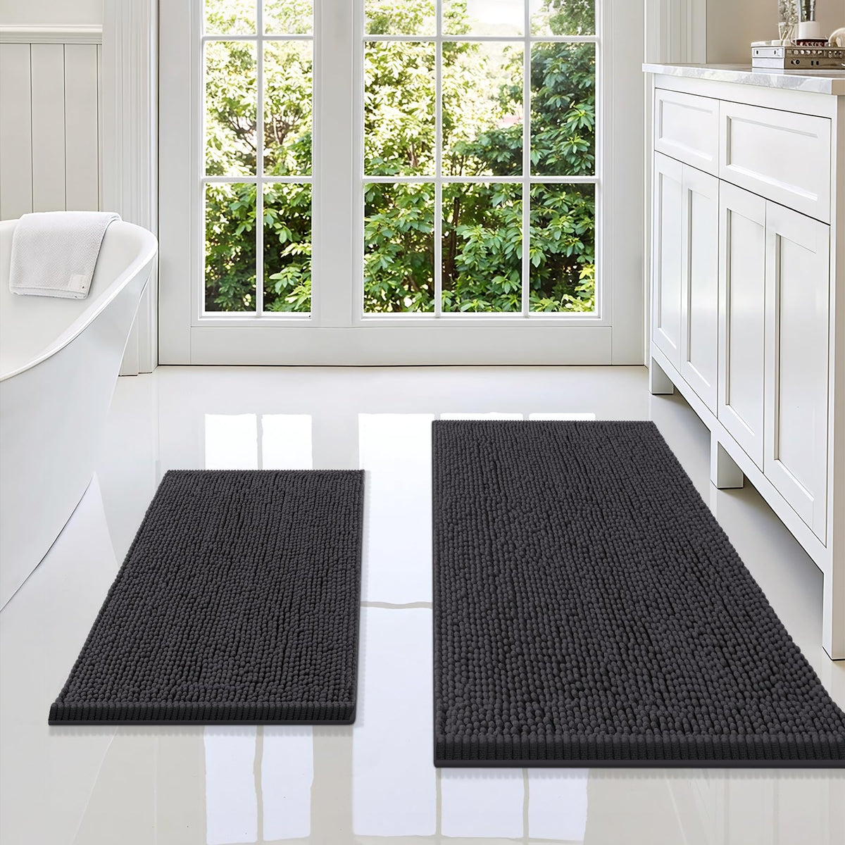 Smiry Chenille Bathroom Rugs Sets 2 Piece (30x20+24x16, Black)