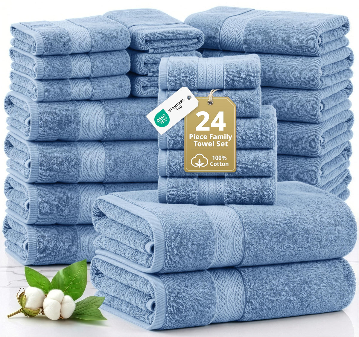 LANE LINEN 100% Cotton Bath Towels Set - 24 PCs - Durable, Quick Dry, Super Soft & Highly Absorbent - 4 Bath, 4 Fingertip, 6 Hand Towels, 8 Washcloths, 2 Bath Sheets - Perfect Family Set - Cool Grey